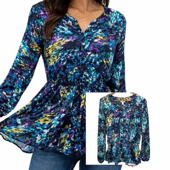 Fashion Bug Tops - Fashion Bug Peplum Blouse Floral Chiffon Button Front Boho Top L‎